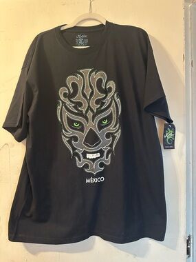 Black Graphic Mask Tee with Green Accents